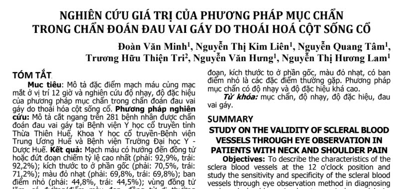 NGHIÊN CỨU GIÁ TRỊ CỦA PHƯƠNG PHÁP MỤC CHẨN TRONG CHẨN ĐOÁN ĐAU VAI GÁY DO THOÁI HOÁ CỘT SỐNG CỔ