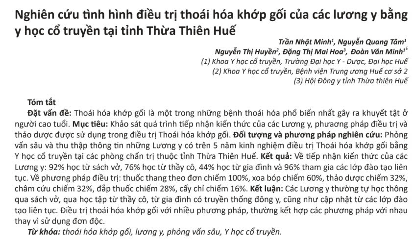 NGHIÊN CỨU TÌNH HÌNH ĐIỀU TRỊ THOÁI HÓA KHỚP GỐI CỦA CÁC Thầy Thuốc YHCT BẰNG Y HỌC CỔ TRUYỀN TẠI TỈNH THỪA THIÊN HUẾ