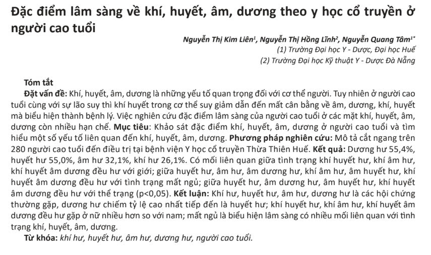 ĐẶC ĐIỂM LÂM SÀNG VỀ KHÍ, HUYẾT, ÂM, DƯƠNG THEO Y HỌC CỔ TRUYỀN Ở NGƯỜI CAO TUỔI