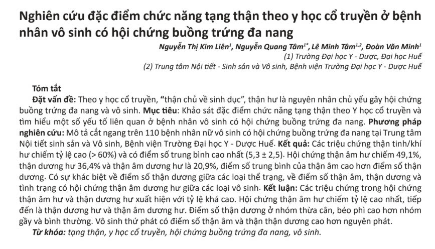 Nghiên cứu đặc điểm chức năng tạng thận theo y học cổ truyền ở bệnh nhân vô sinh có hội chứng buồng trứng đa nang
