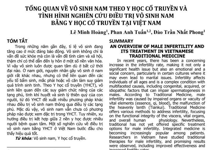 Tổng quan về vô sinh nam theo y học cổ truyền và tình hình nghiên cứu điều trị vô sinh nam bằng y học cổ truyền tại Việt Nam